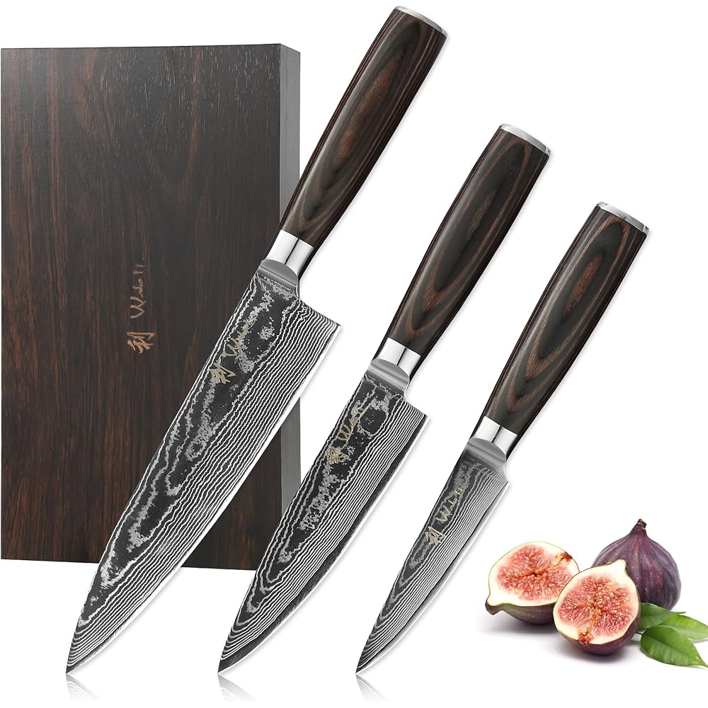 Wakoli EDIB Essentials Lot de 3 couteaux de cuisine avec lames de 10 à 20 cm I 67 couches en acier damassé I Couteau de chef, petit couteau de chef et couteau d'office I Avec protection des doigts et : Cuisine et Maison