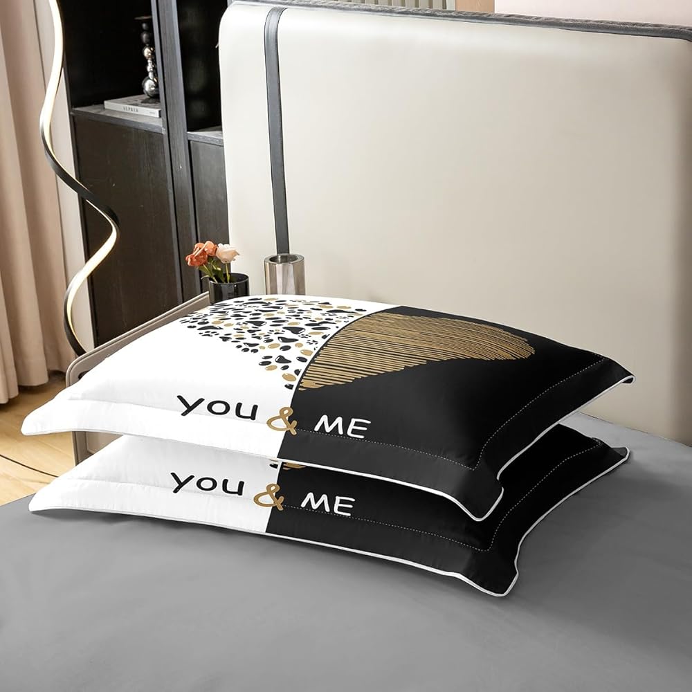 Homemissing Toi et Moi Parure de lit doré Noir Coeur Housse de Couette pour Amoureux Couple Hommes Femmes Romance Housse de Couette 220x240cm 100% Coton Saint Valentin Maison Literie Noir Blanc : Cuisine et Maison