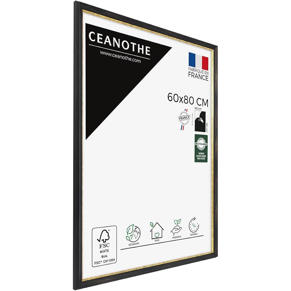 Ceanothe Cadre Photo 60x80 cm Noir Finition Doré Convient au A2 et Affiche Poster Style Baroque Elegant Noble Collection Pandore en Bois FSC Verre Acrylique Incassable Fabriqué en France : Cuisine et Maison