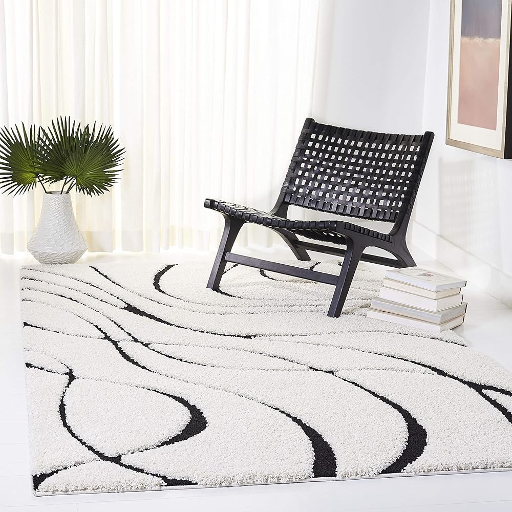 Safavieh Tapis Shag pour Salon, Salle à Manger, Chambre à Coucher - Florida Shag Collection, Tapis à Poil Long, Crème et Noir, 122 x 122 cm : Cuisine et Maison