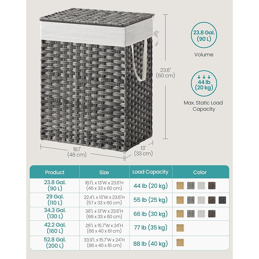 SONGMICS Panier à linge avec couvercle, panier à linge de 90 l avec 2 sacs à doublure amovible et 6 sacs en maille, panier à linge en osier, panier à linge double pour salle de bain, 33 x 45 x 60 cm, : Cuisine et Maison