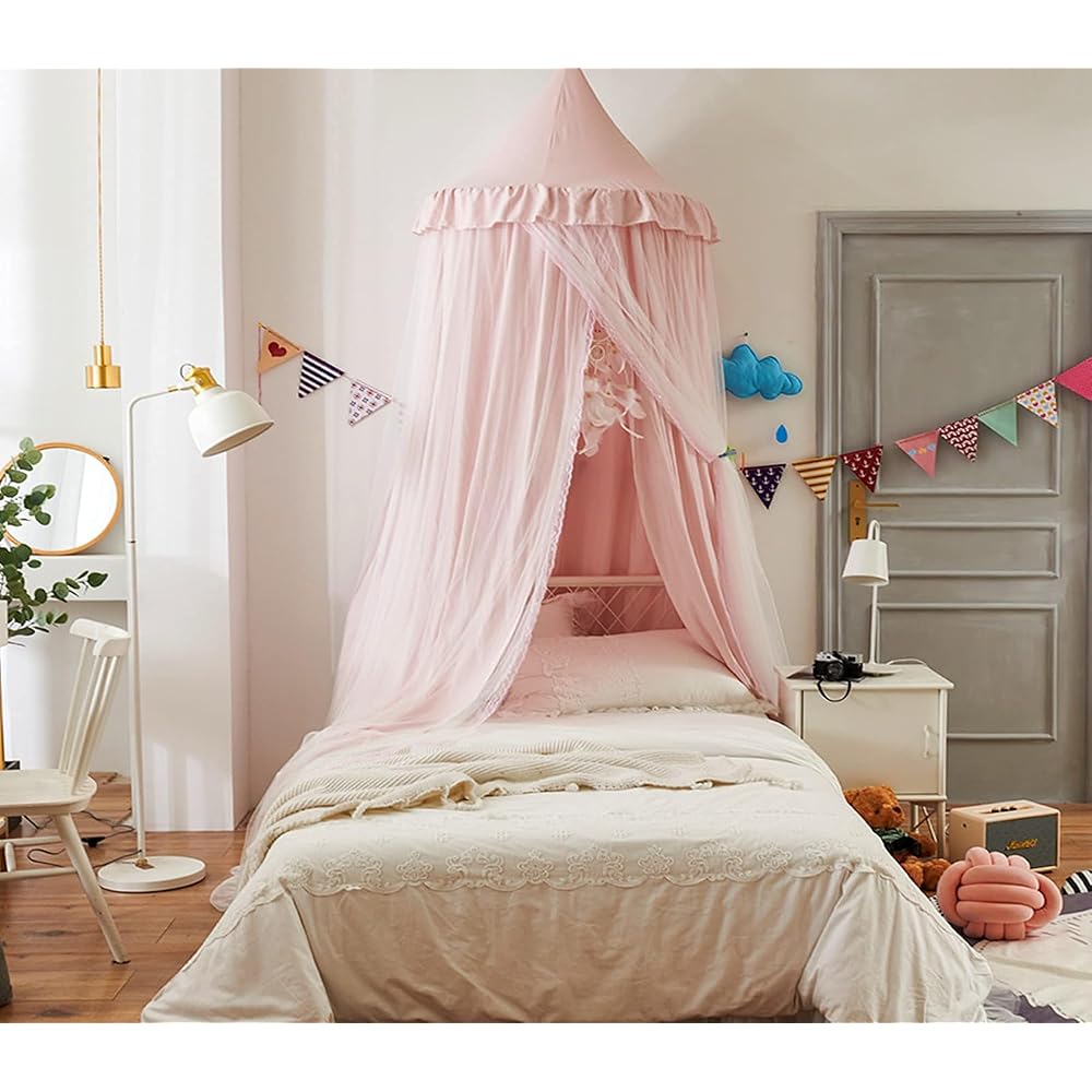HUOQOU Baldaquin de lit pour Filles Double Couche Princesse Dôme Rond Enfants Moustiquaire rêveuse Linge Château Tente de Jeu Maison Suspendue Décor Niche de Lecture Baldaquins(Rose/Blanc) : Bébé et Puériculture