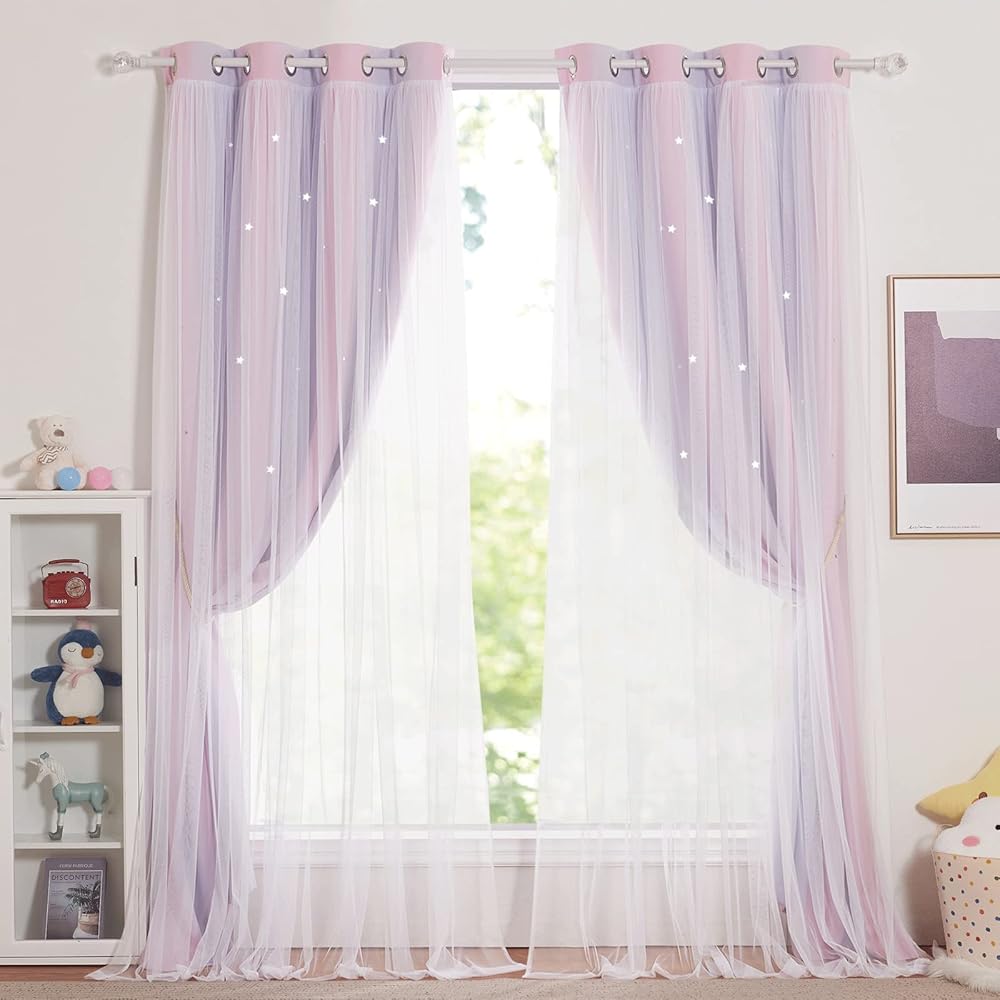 NICETOWN Rideau Chambre Fille - Rideaux Occultant avec Blanc Voilages Décoration pour Chambre Enfant Motif Forme Etoiles à Oeillets, L 132 sur H 240 cm, Rose + Violet, 2 Pièces : Cuisine et Maison