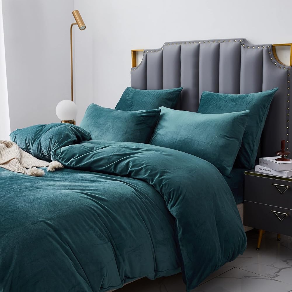 Damier Parure de lit d'hiver en peluche 200 x 220 cm Bleu pétrole turquoise cachemire 3 pièces – 1 housse de couette 200 x 220 cm avec fermeture éclair et 2 taies d'oreiller 80 x 80 cm : Cuisine et Maison