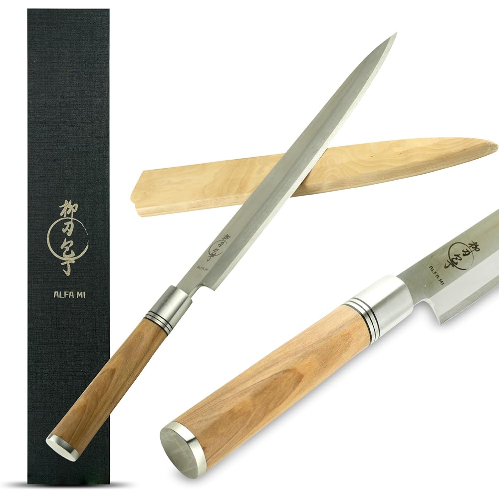 Alfa Mi Couteau japonais à sushi. Couteaux japonais yanagiba cuisine professionnelle 27 cm, ustensiles de cuisine fileter le saumon, manche en bois d'olivier et fourreau : Cuisine et Maison