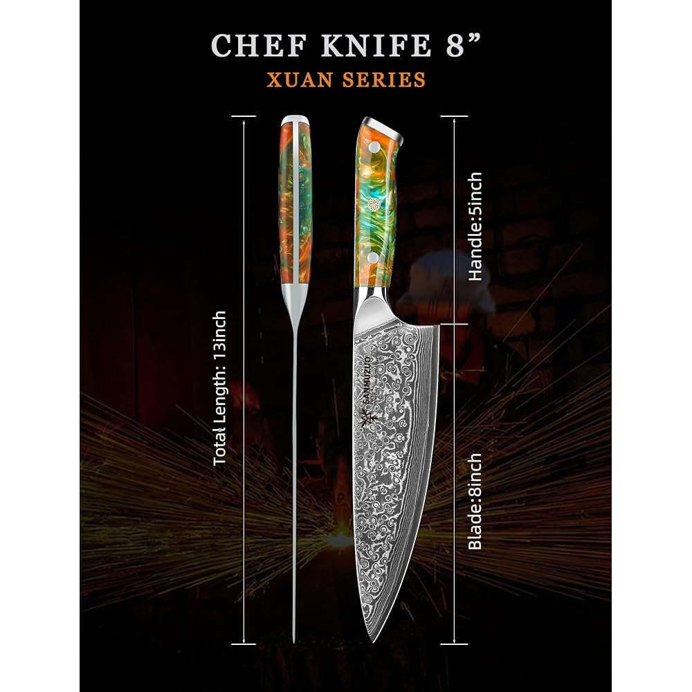 SANMUZUO Couteau de Chef en Damas - Lame de 20cm - Japonais en Acier de Damas 67 Couches Couteau de Cuisine - Manche en Résine (Orange Fantastique) - Xuan Série : Cuisine et Maison