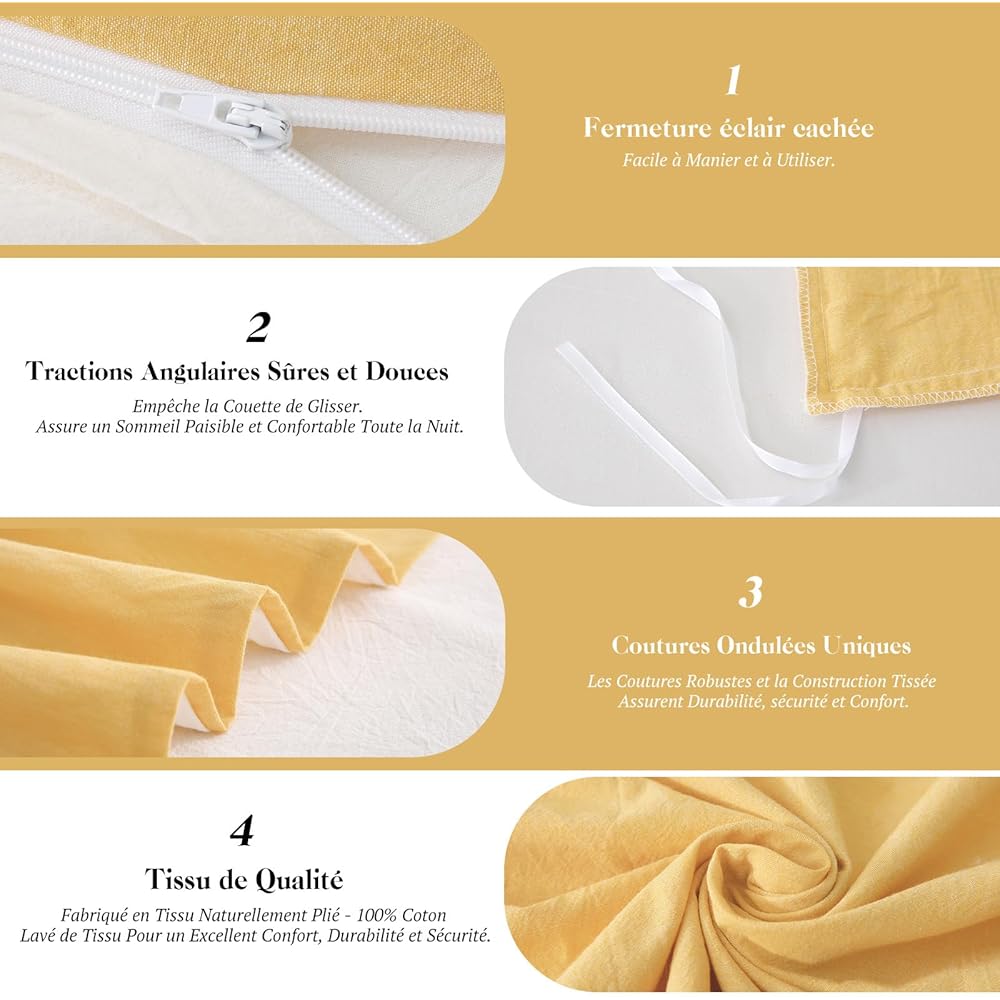 SOULFUL Housse de Couette 240x260 Coton, Jaune Ensembles de Housse de Couette avec Fermeture Éclair, 100% Coton Lavé, Texture Lin, Parure de Lit 240x260 Coton avec 2 Taie d'oreiller 65x65 cm : Cuisine et Maison