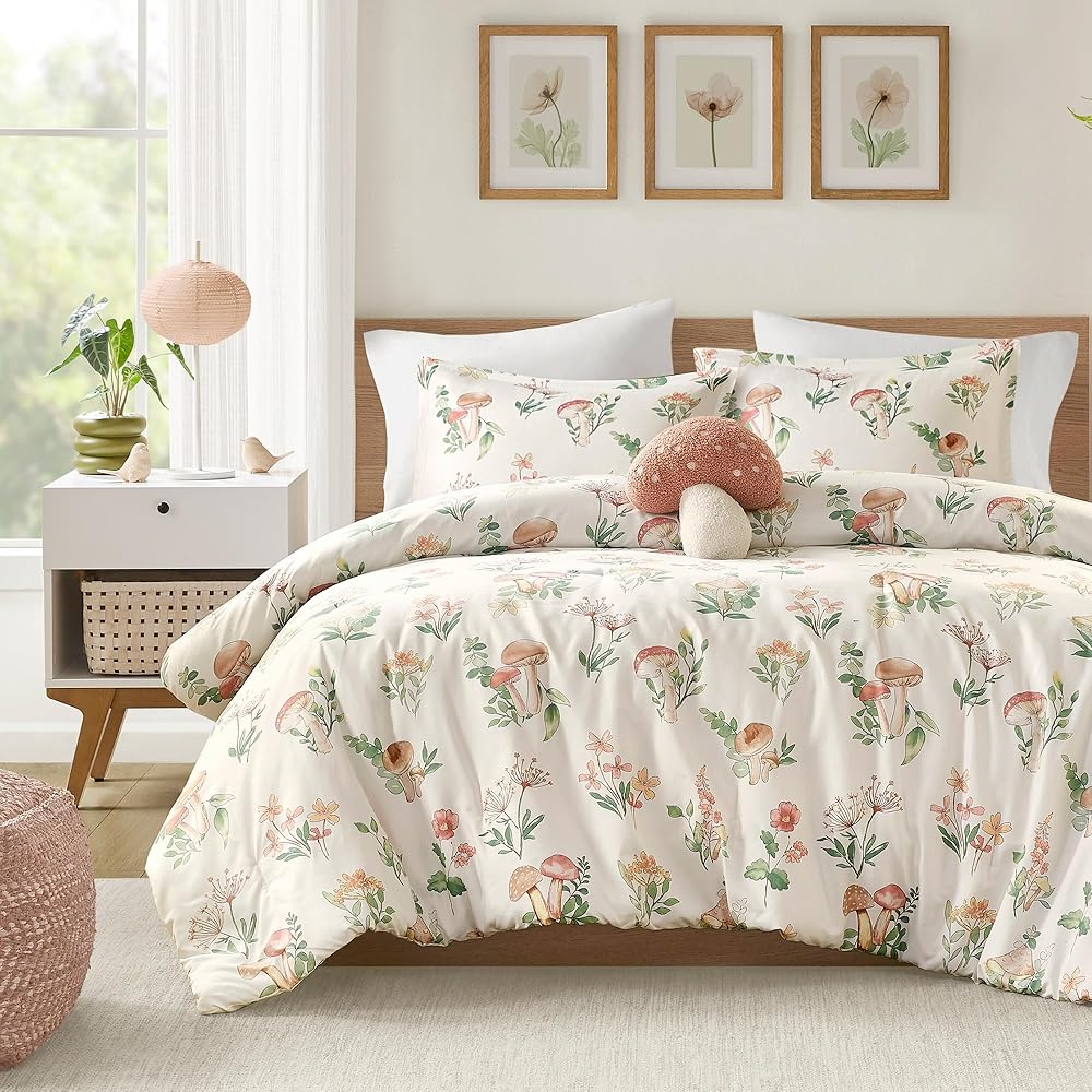 Intelligent Design Gwen Parure de lit 4 pièces en Microfibre légère pour Toutes Les Saisons, Oreiller décoratif et Couvre-Oreiller, Motif Floral fantaisiste et Champignon, lit Double/Grand lit, Vert : Cuisine et Maison