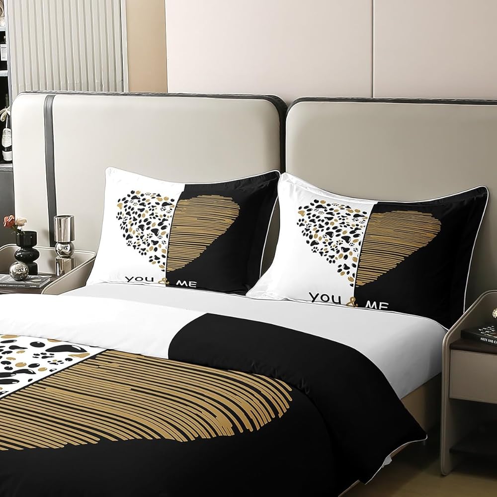 Homemissing Toi et Moi Parure de lit doré Noir Coeur Housse de Couette pour Amoureux Couple Hommes Femmes Romance Housse de Couette 220x240cm 100% Coton Saint Valentin Maison Literie Noir Blanc : Cuisine et Maison