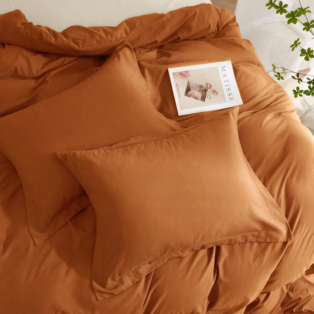 Parure de lit exclusive 3 pièces en terre cuite, orange brûlé doux et rouille – Grand lit (228,6 x 228,6 cm) avec fermeture éclair et 2 taies d'oreiller – Parure de lit en microfibre pour l'automne : Cuisine et Maison