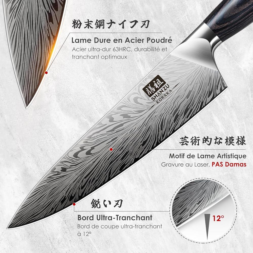 SHAN ZU Set Couteau Cuisine en Acier Poudré, Ensemble de 3 Couteaux Japonais à Acier Inoxydable Haute Dureté, Manche Ergonomique en Bois, Couteau de Chef, Couteau de Universel et Couteau d'office : Cuisine et Maison