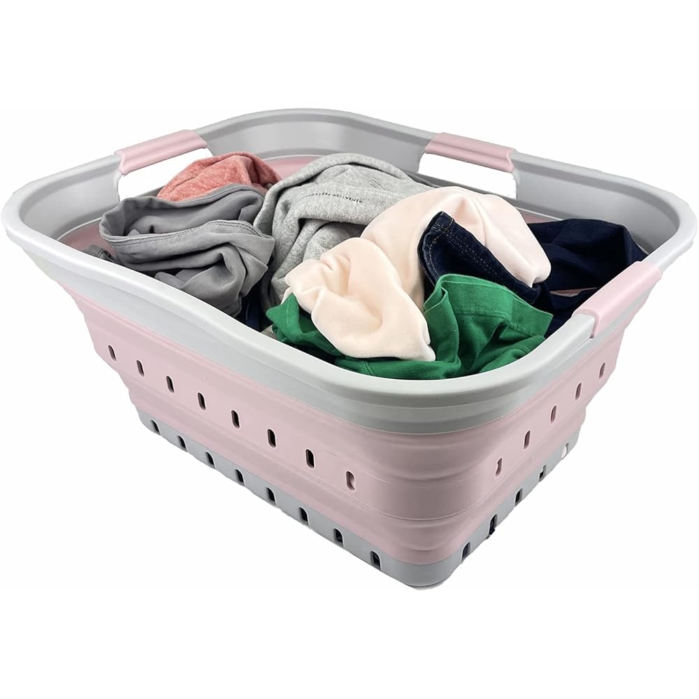 SAMMART Panier à Linge Pliable en Plastique 42L - Conteneur/Organisateur de Stockage Pliable Pop Up - Cuve de Lavage Portable - Panier/Panier Gain de Place (Gris/Rose Pâle) : Cuisine et Maison