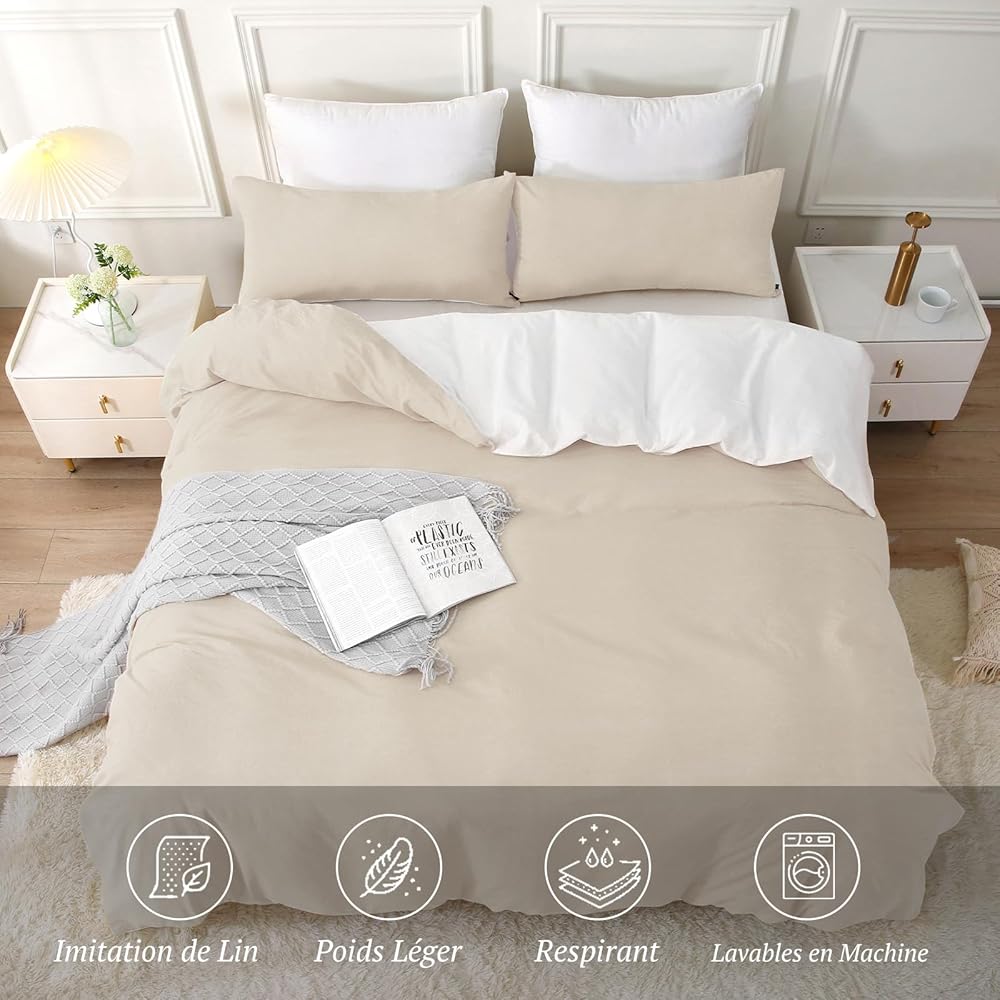 MILDLY Housse de Couette 240x260 Coton, 100% Coton Lavé Parure Housse Couette, Certifié Oeko-TEX, Chameau Beige Parure de Lit 240x260 Coton avec Fermeture Éclair avec 2 Taie d'oreiller 65x65 cm : Cuisine et Maison