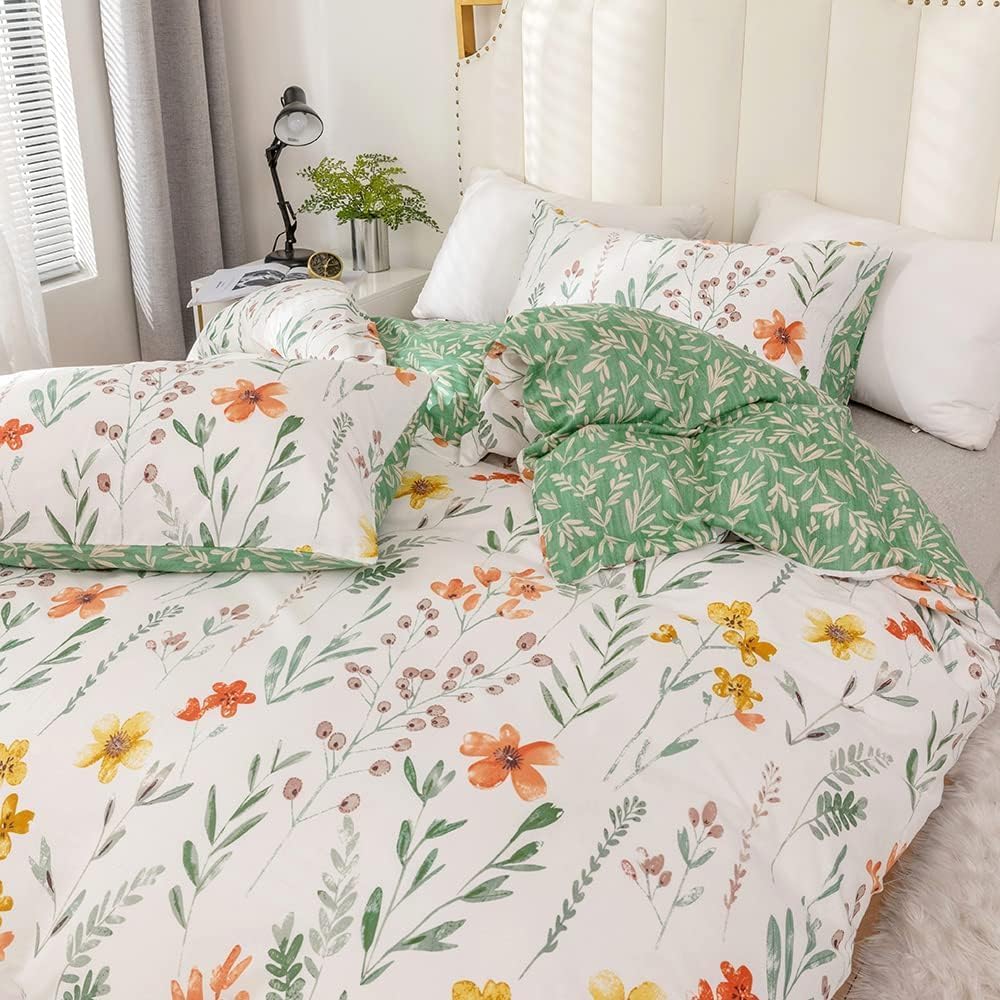 Housse de Couette 240 x 260 Coton Motif Fleurie Parure de Lit 100% Coton Imprimé Feuilles Vertes Adulte Parure Housse Couette 240x260 avec Fermeture Éclair 2 Personnes avec 2 Taies d'oreiller 65x65cm : Cuisine et Maison
