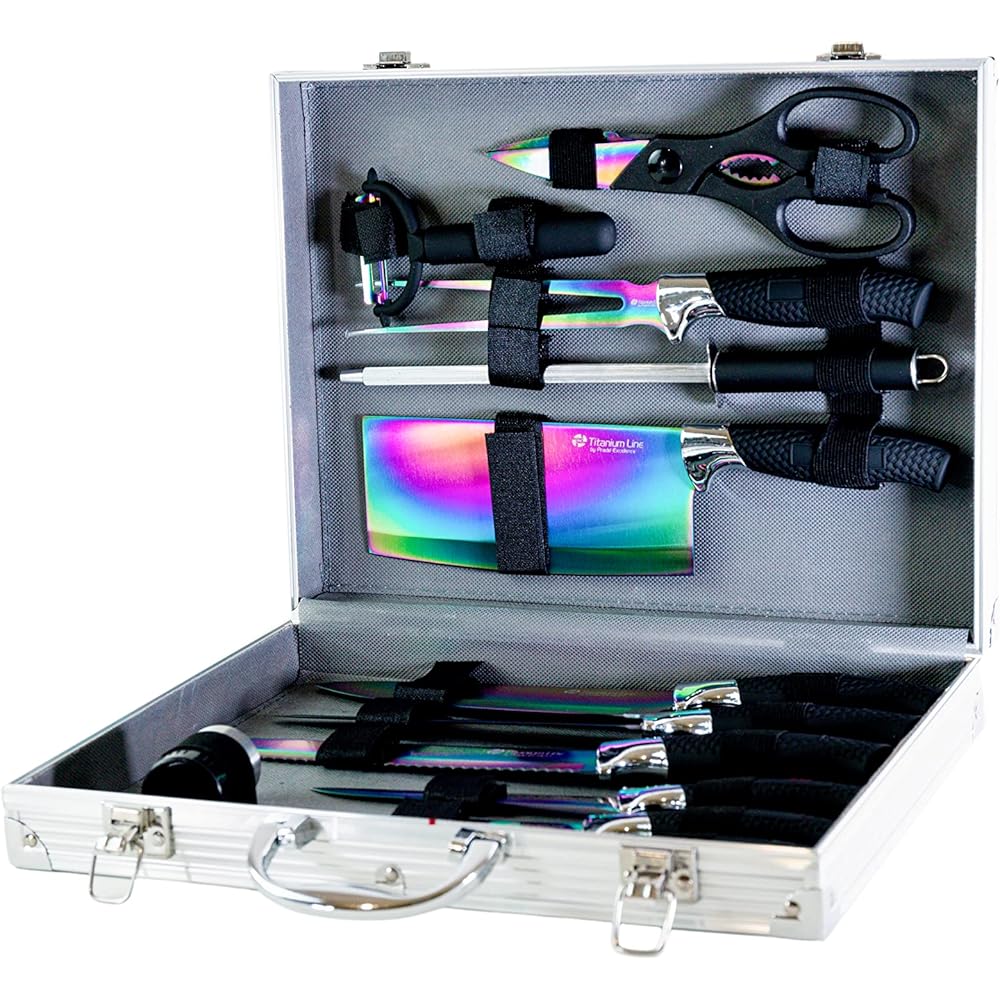 Pradel Excellence - Malette Coutellerie Essentiels 12 Pièces - 8 Couteaux + 1 Fusil d’Affûtage + 1 Fourchette + 1 Paire de Ciseaux + 1 Salière - Acier 3CR14, Revêtement Titane - Boîte Couleur : Cuisine et Maison