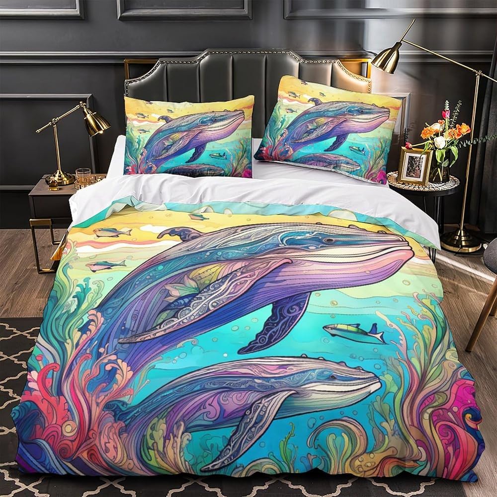 RUWMZXNQB 3D, Imprimé La Baleine Ensemble De Literie Microfibre Super Douce Et Respirante Housse De Couette 3 Pièces Et Taie d'oreiller King（220x240cm） : Cuisine et Maison