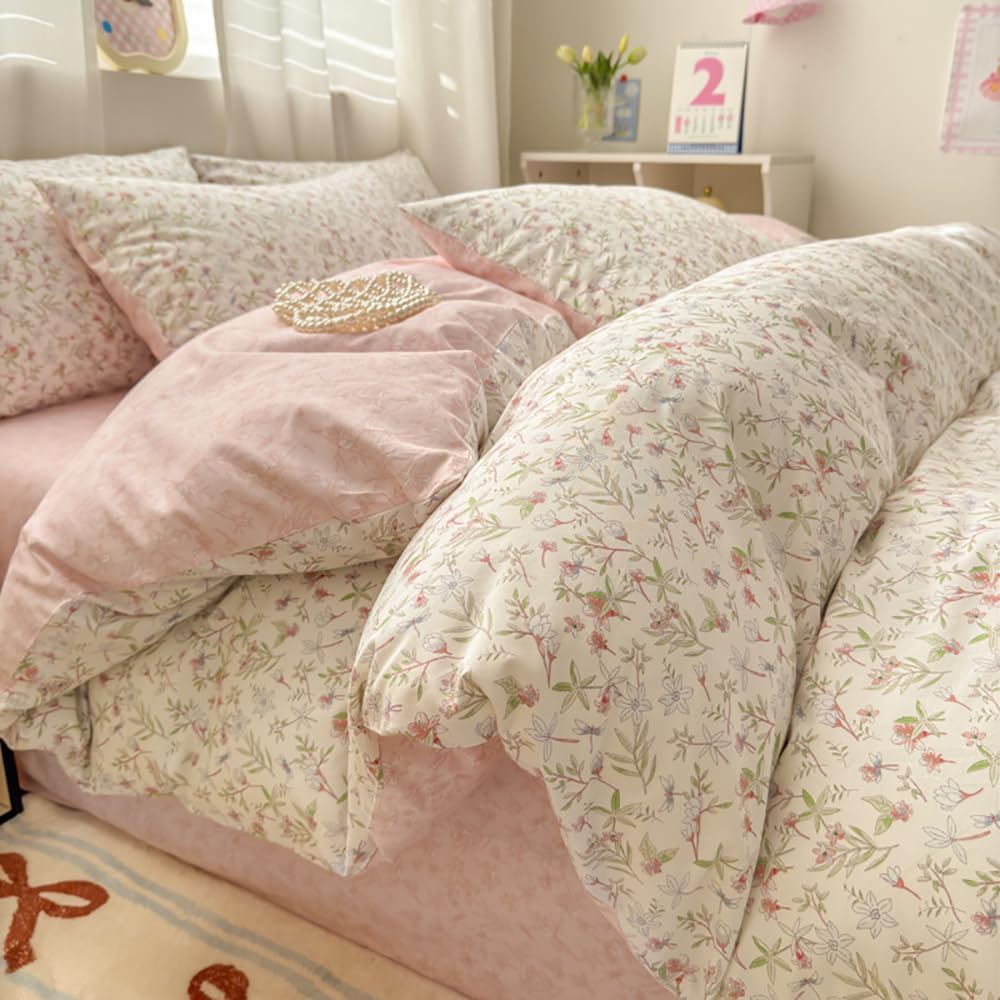 Covebett Housse de Couette Coton 220x240 Rose et Blanc Fleurie Floral Feuilles Parure de Lit 3 Pièces Adulte 2 Personnes Doux Coton Linge de lit avec Fermeture Éclair et 2 Taie d'oreiller 65x65cm : Cuisine et Maison