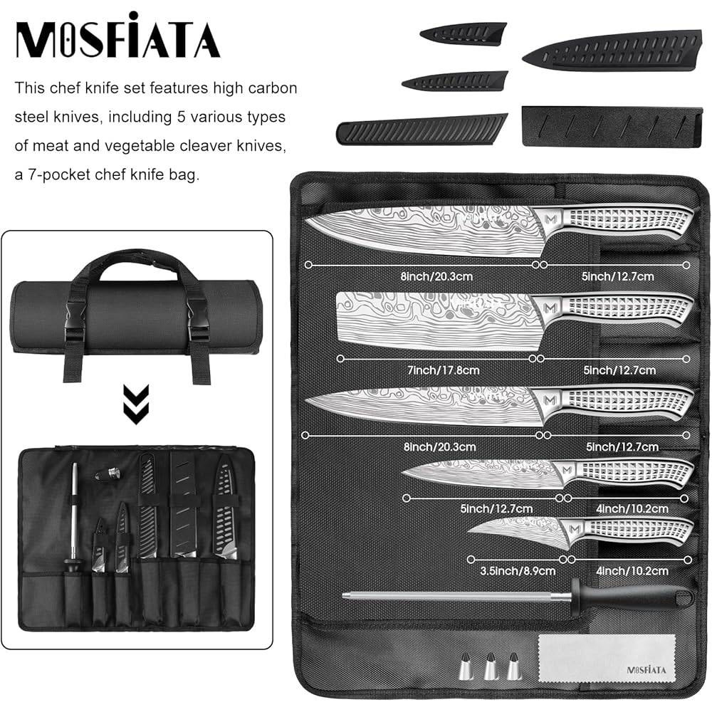 MOSFiATA Lot de 10 couteaux de cuisine en acier inoxydable avec étui - Pour l'extérieur - Couteau de chef tranchant - Protection des doigts - Douilles de sabre de couteau, baguette à aiguiser et sac : Cuisine et Maison