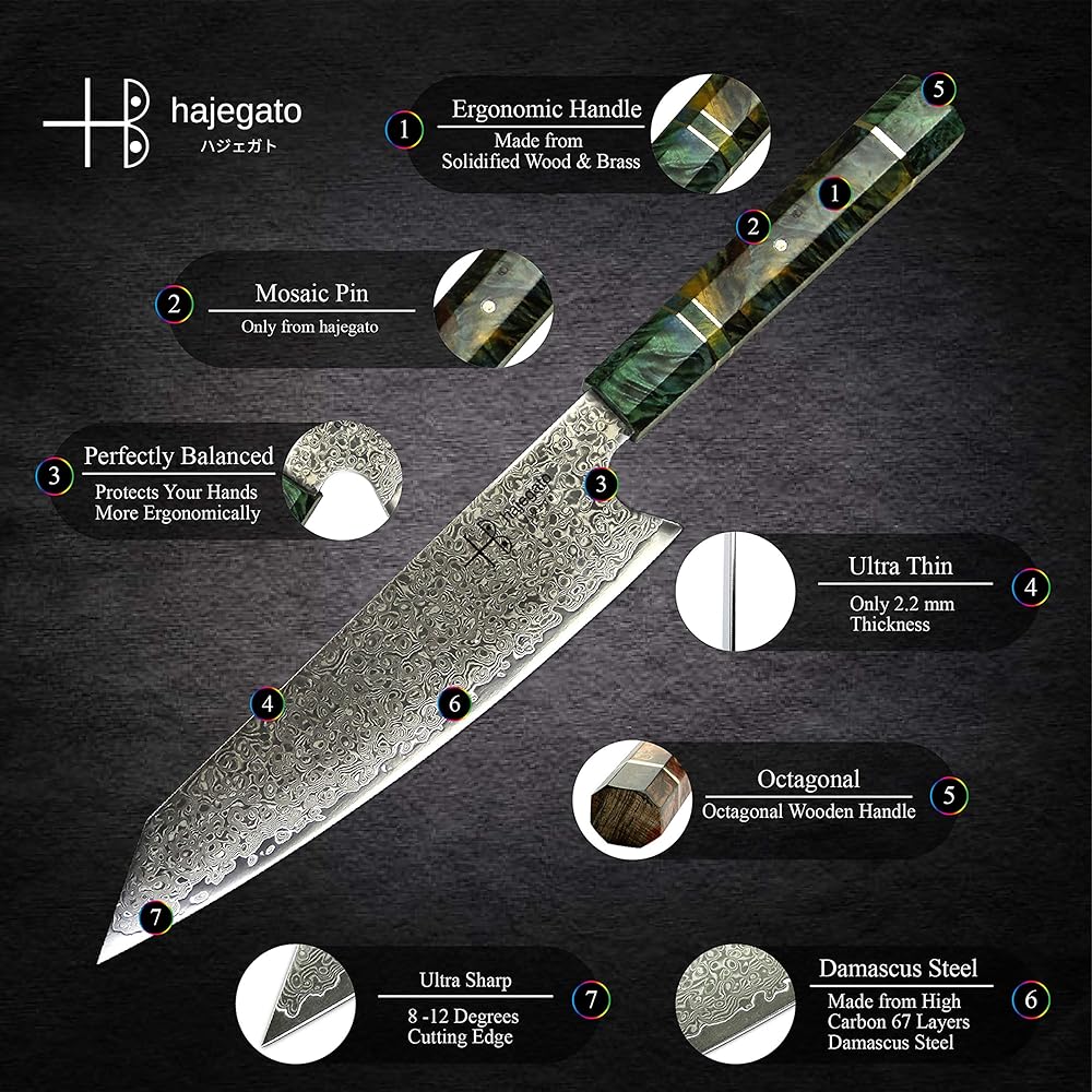 Hajegato Couteau de Chef Damascus Unique en Son Genre de poignée Professionnel Couteau de Cuisine de Chefs Japonais VG10 Haute qualité 67 Couches Couteau Damas avec Sheath (Kiritsuke 8") : Cuisine et Maison