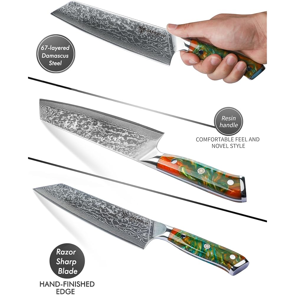 SANMUZUO Couteau Kiritsuke de 22cm - Couteau de Chef en Damas - Japonais en Acier de Damas 67 Couches Couteau de Cuisine - Manche en Résine (Orange Fantastique) - Xuan Série : Cuisine et Maison