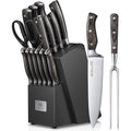 AMEGAT Couteaux de Cuisine, 15 Pièces Set Couteau Cuisine, Ensemble de Couteaux Super Tranchants, Aiguiseur Intégré, Manche en Bois Ergonomique et Conception à 3 Rivets, Bloc à Couteaux en Bois : Cuisine et Maison