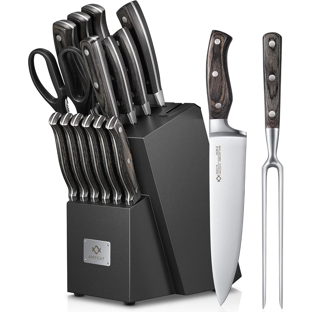 AMEGAT Couteaux de Cuisine, 15 Pièces Set Couteau Cuisine, Ensemble de Couteaux Super Tranchants, Aiguiseur Intégré, Manche en Bois Ergonomique et Conception à 3 Rivets, Bloc à Couteaux en Bois : Cuisine et Maison