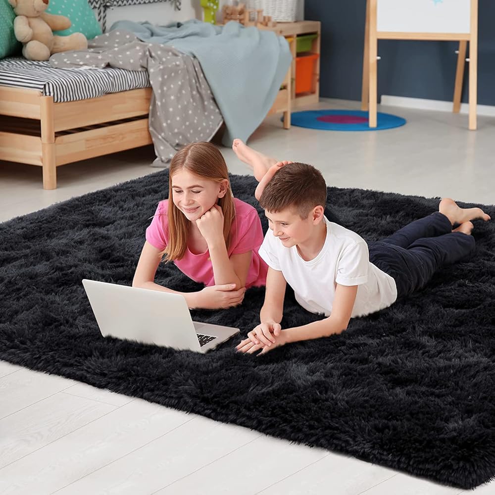 VanderHOME Tapis Doux Salon Chambre sans Perte ni décoloration Tapis De Sol Grand Soft Tapis à Poils Longs Moelleux sans Perte ni décoloration Tapis décoratif 200 * 300cm-Noir : Cuisine et Maison