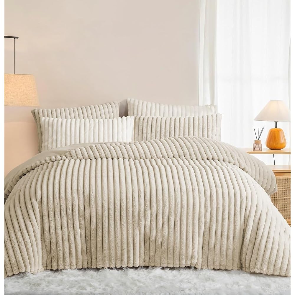 Sedefen Housse de Couette 240x260 cm Beige Peluche Flanelle Hiver Chaude Duveteuse Parure de lit 2 Personnes + 2 Taies d'oreiller 65x65cm Adulte Ado Linge de lit Avez Fermeture Éclair : Cuisine et Maison