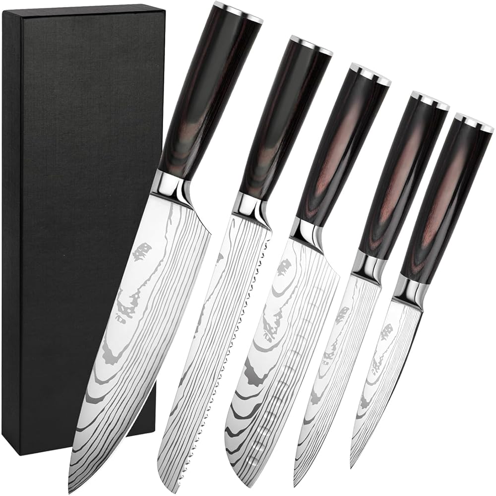 Gustrug Couteau Cuisine Couteau Japonais Acier Inoxydable à haute teneur en carbone avec Poignée Ergonomique, Couteaux de Cuisine Professionnel (5PCS) : Cuisine et Maison