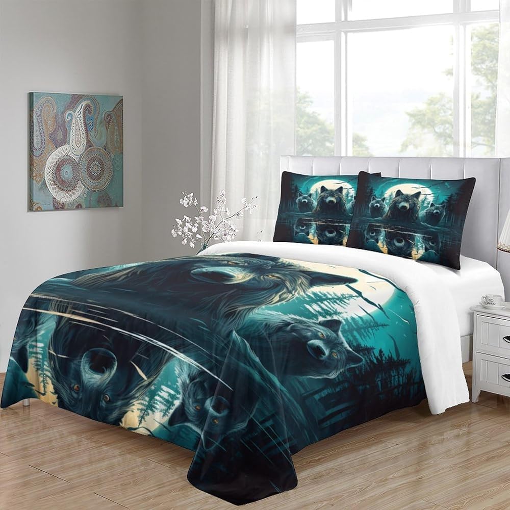 XAHEDOSGE Imprimé 3D Le Loup Ensemble De Literie avec Microfibre Super Douce Et Respirante Set De Housse De Couette 3 Pièces avec Taies d'oreiller Super King（260x220cm） : Cuisine et Maison