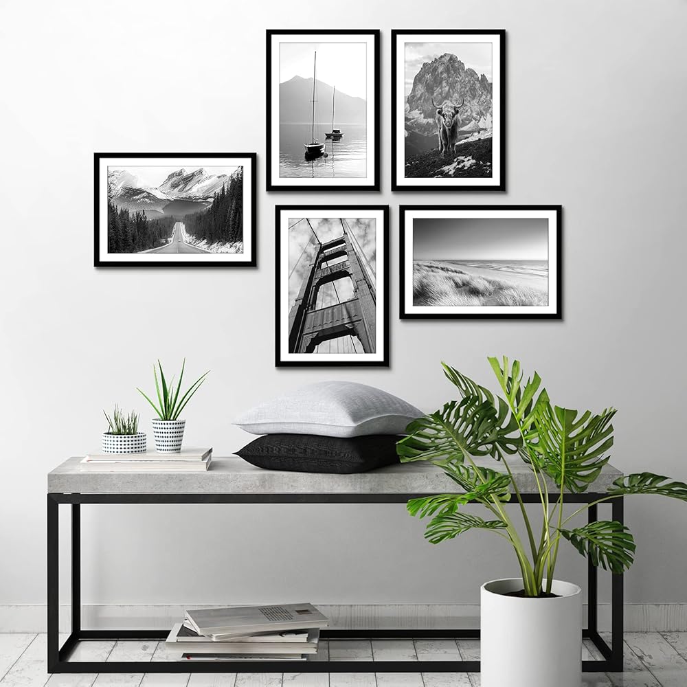 Americanflat Collection Galleria - Lot de 5 cadres photo de 28 x 43,2 cm avec passe-partout ou cadre de 33 x 48,3 cm sans passe-partout - cadre photo mural avec vitre en plexiglas poli - noir : Cuisine et Maison