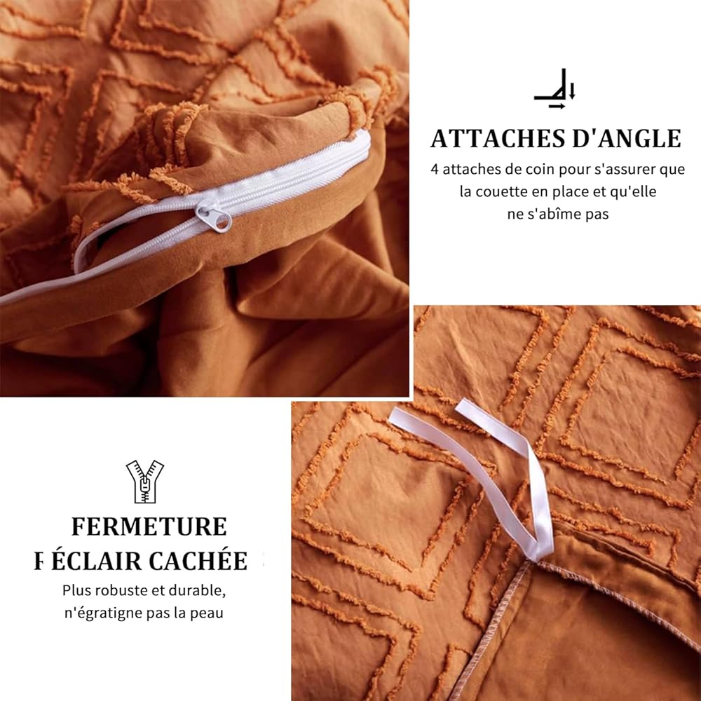 Freyamy Housse de Couette 220x240 Caramel Tuftée Broderie Parure de lit 2 Personne Adulte avec Fermeture Éclair Modern Géométrique Sets de Housse en Microfibre avec 2 Taie d'oreiller 65 x 65 : Cuisine et Maison