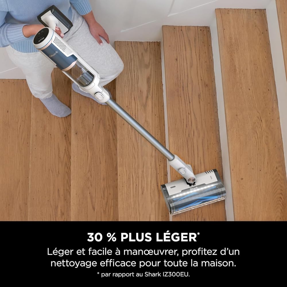 Shark Clean &amp; Empty Aspirateur sans fil, système vidange automatique, aspirateur léger anti-poils avec outils animaux et interstices, autonomie 40 minutes, station de chargement, blanc/bleu, BU3521EU : Cuisine et Maison