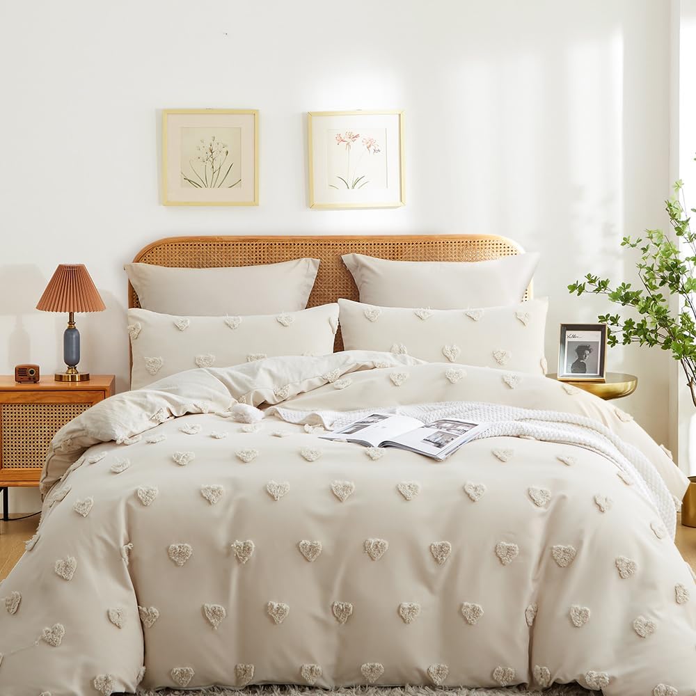 Freyamy Tuftée Parure de lit Bohème Housse de Couette 220x240 Broderie à la Main Parure de lit 2 Personne en Microfibre avec Fermeture Beige Ensemble de literie avec 2 Taie d'oreiller 65 x 65 Filles : Cuisine et Maison