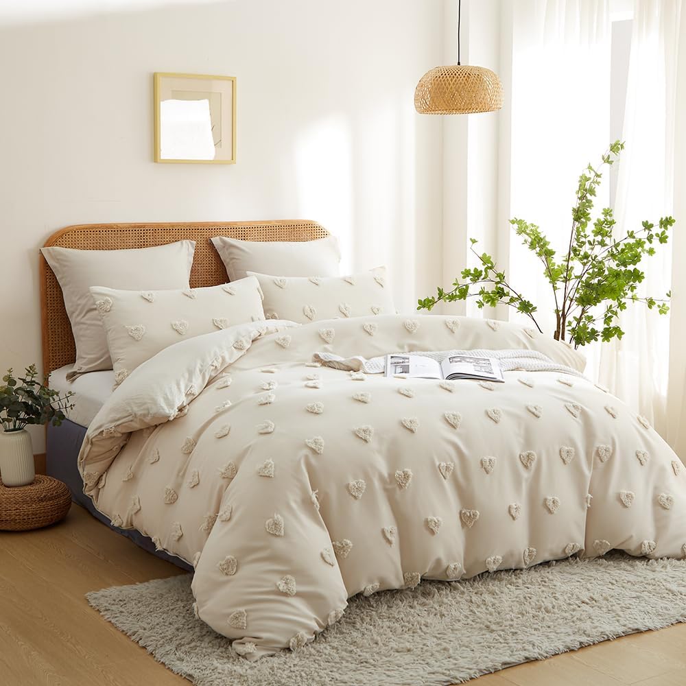 Freyamy Tuftée Parure de lit Bohème Housse de Couette 220x240 Broderie à la Main Parure de lit 2 Personne en Microfibre avec Fermeture Beige Ensemble de literie avec 2 Taie d'oreiller 65 x 65 Filles : Cuisine et Maison