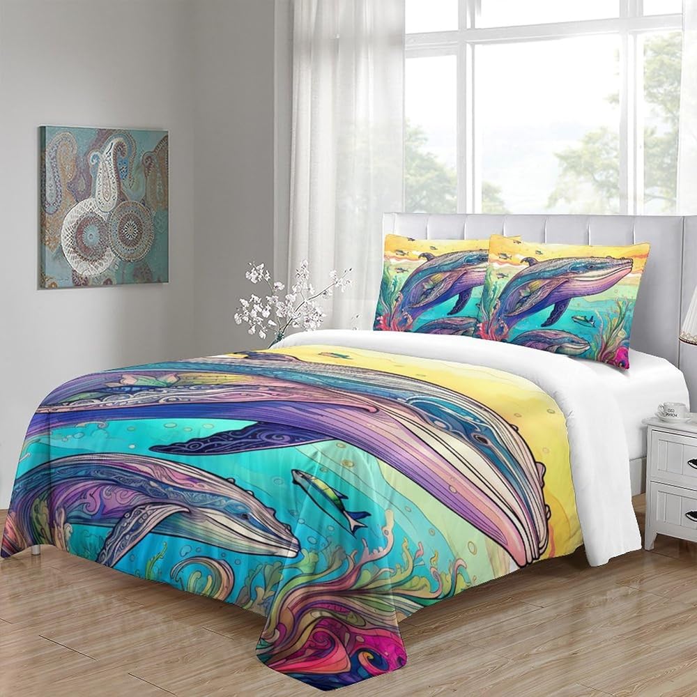 RUWMZXNQB 3D, Imprimé La Baleine Ensemble De Literie Microfibre Super Douce Et Respirante Housse De Couette 3 Pièces Et Taie d'oreiller King（220x240cm） : Cuisine et Maison