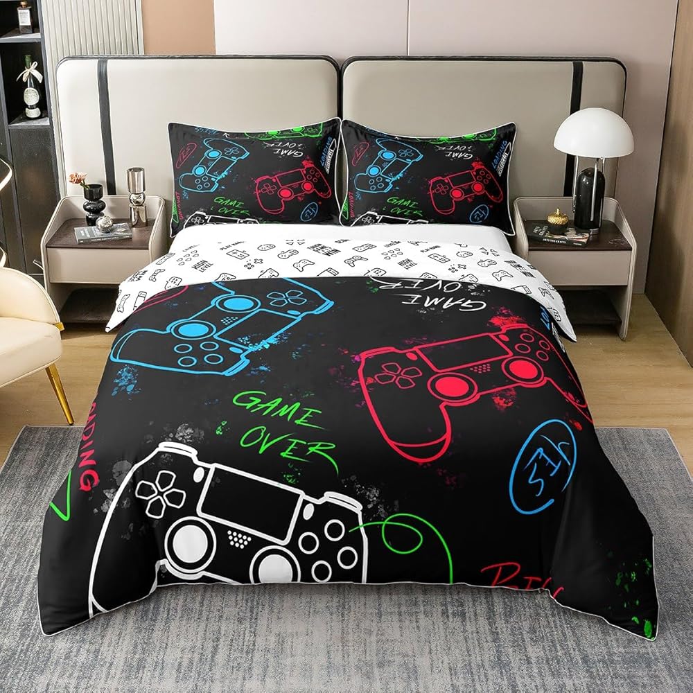 Homewish 100% Coton Biologique, Garçon Housse de Couette 220x240 Manette de Jeux, Ensemble de Literie Réversible pour Console de Jeux, Parure de Lit Jeux Vidéo, Couvre-Lit Joystick Jeux, Noir : Cuisine et Maison