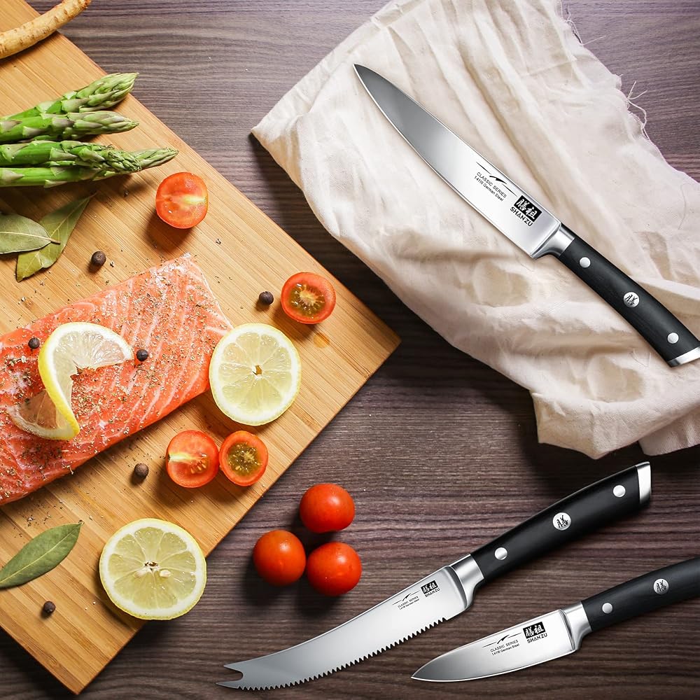 SHAN ZU Ensemble de Couteaux de Cuisine avec Bloc, Set de 14 Couteaux de Chef Allemands Professionnels avec Affûteur Fusil à Aiguiser : Cuisine et Maison
